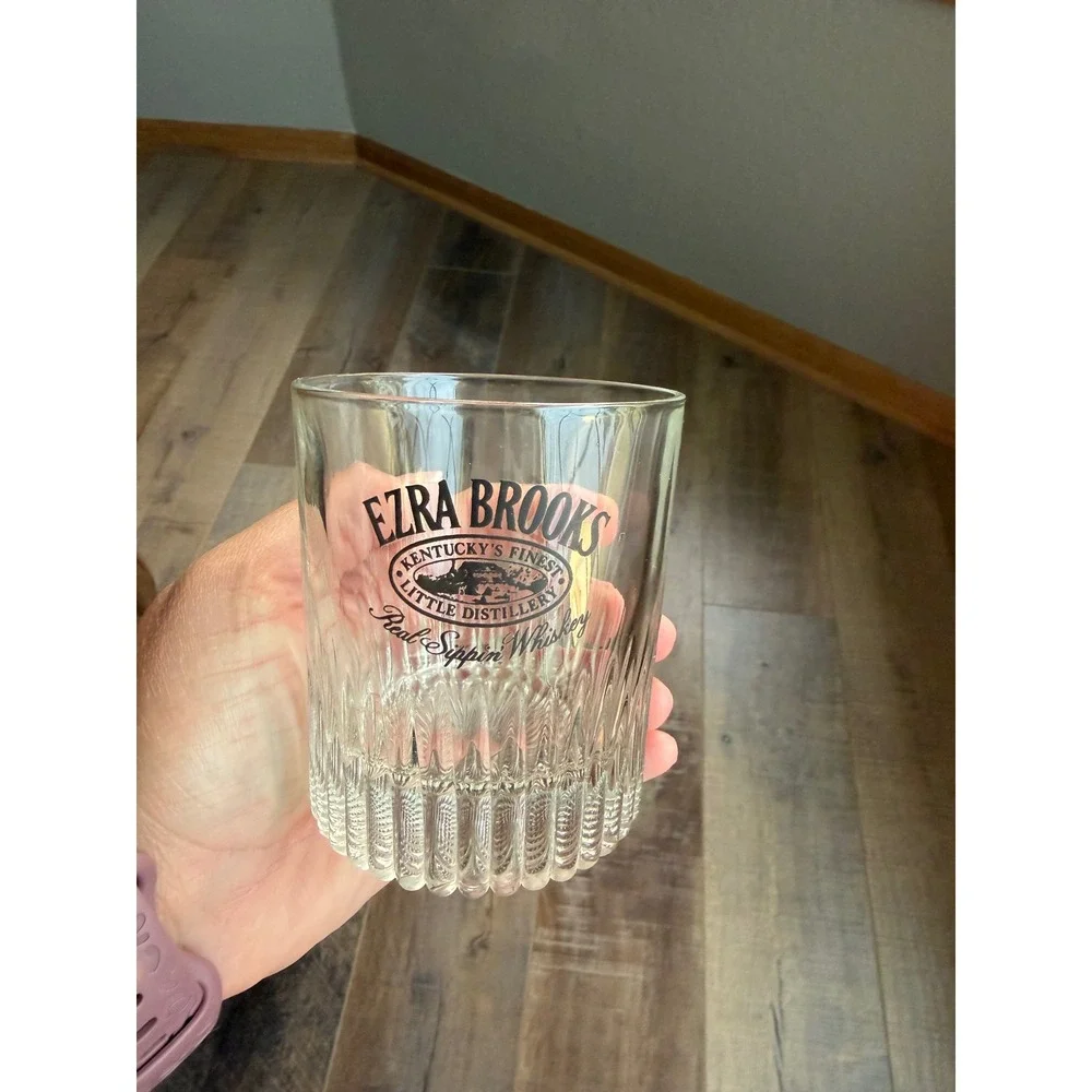 Ezra Brooks Whiskey Rocks Glasses Set of 2 Ribbed Lowball Bourbon Tumblers Clear